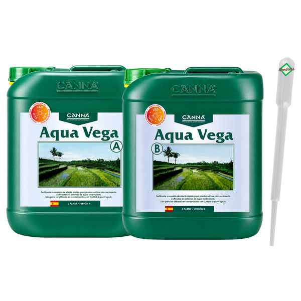 CANNA Aqua Vega A und B Pflanzendünger im Kanisterset mit Pipette für hydroponische Systeme.