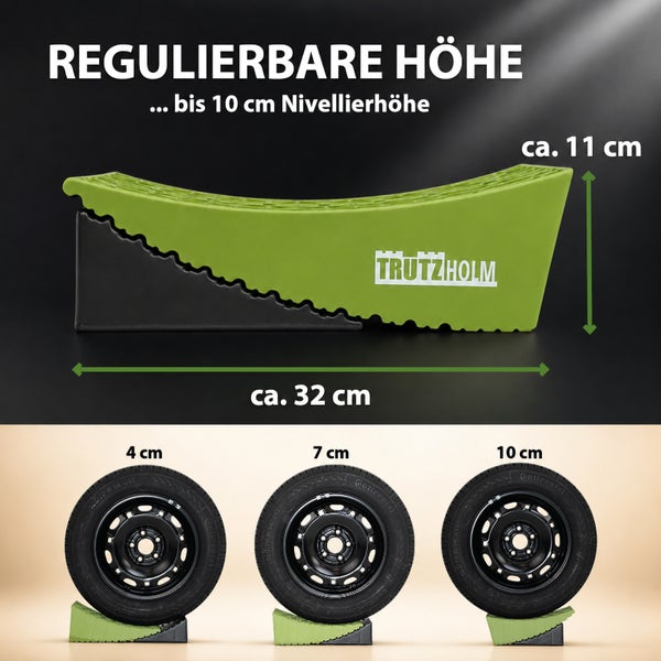 Trutzholm Auffahrkeil mit stufenloser Nivellierhöhe bis 10 Zentimeter und einer Länge von circa 32 Zentimetern zur Stabilisierung von Fahrzeugen.