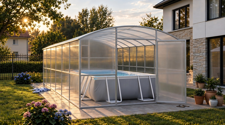 Rechteckiger Aufstellpool in einem Garten mit einer transparenten Poolüberdachung aus Kunststoff auf einer gefliesten Terrasse.