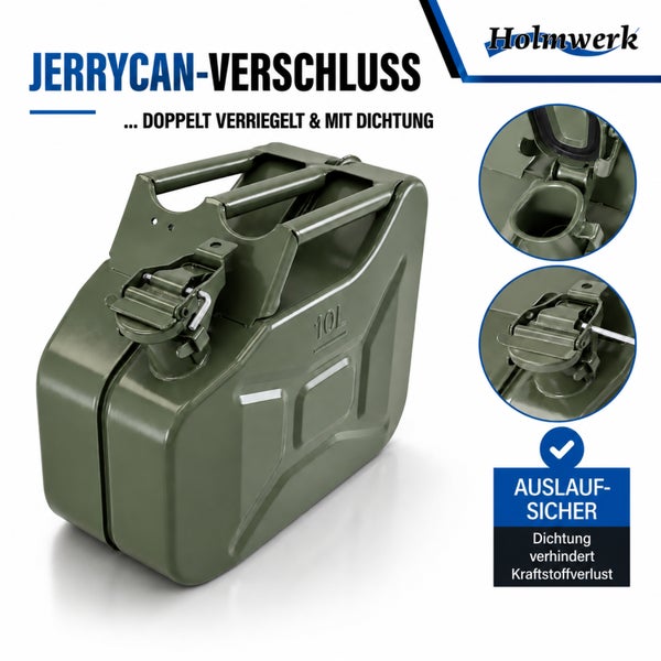 Kraftstoffkanister aus Metall mit 10 Liter Fassungsvermögen und sicherem Verschluss mit Dichtung von Holmwerk Logo