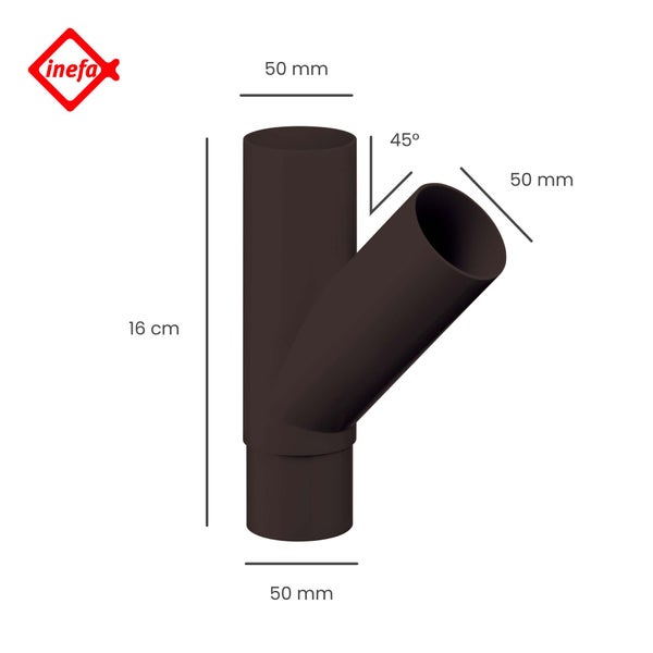 Inefa Logo, dunkelbrauner Fallrohrabzweig aus Kunststoff, Durchmesser 50 Millimeter, 45 Grad Winkel, Länge 16 Zentimeter.