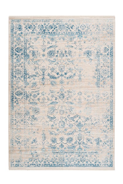 Rechteckiger Teppich im Orient Design mit dekorativem Blumenmuster und Fransenabschluss an den kurzen Seiten.