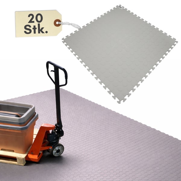 Industriebodenfliesen aus PVC mit Noppenstruktur, 20 Stück, belastbar für Hubwagen, im verlegten Zustand und als Einzelplatte dargestellt.