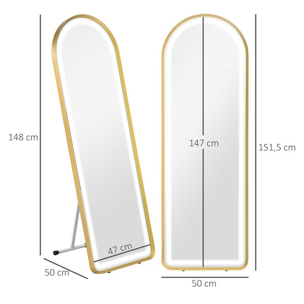HOMCOM Ganzkörperspiegel, Wandspiegel mit Ständer, Standspiegel mit LED-Leuchte, Dimmbar Garderobenspiegel mit Touch-Schlater, für Wohnzimmer, Schlafzimmer, 151,5 x 50 x 4 cm, Aluminium, Gold