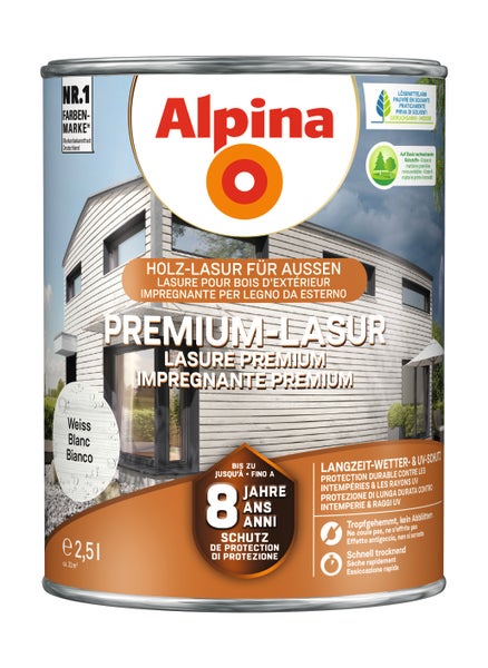 Alpina Premium-Lasur für außen in Weiß, 2,5 Liter, bietet bis zu 8 Jahre Schutz gegen Wetter und UV-Strahlung, tropfgehemmt und schnell trocknend.