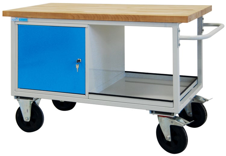 PROREGAL Mobile Werkbank Rhino mit Ablagefach 1 Tür HxBxT 83 x 130 x 60 cm Traglast 500 kg Lichtgrau Blau