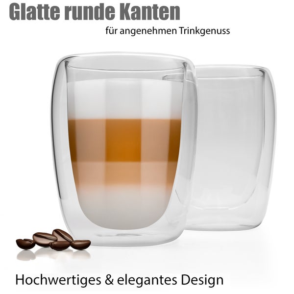 Doppelwandige Gläser mit glatten runden Kanten für Latte Macchiato und Kaffeebohnen.