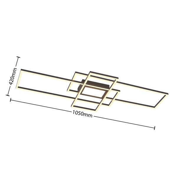 Moderne LED Deckenleuchte mit ineinander verschlungenen rechteckigen Rahmen, Länge 1050 Millimeter, Breite 420 Millimeter.