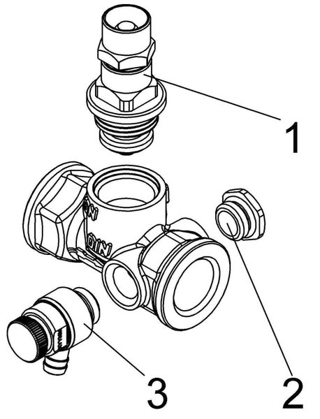 Technische Zeichnung eines Ventilgehäuses mit nummerierten Teilen: eins Ventileinsatz, zwei Verschlussstopfen, drei Entleerungsventil.