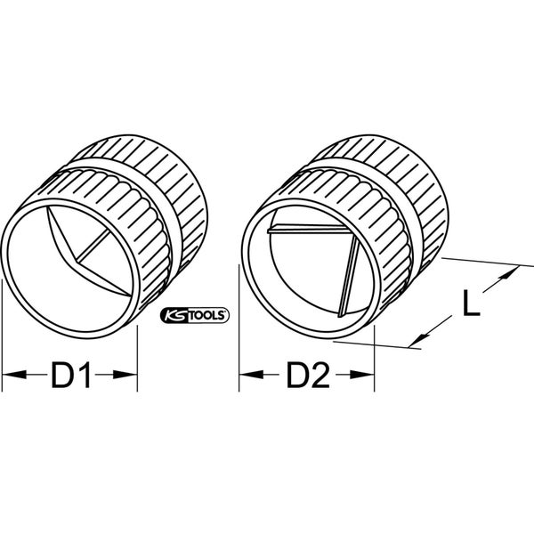 Technische Zeichnung von KS Tools Innen- und Außen-Rohrentgrater mit Maßen für Durchmesser eins, Durchmesser zwei und Länge.