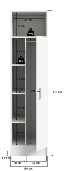 Weißer Hochschrank mit Maßen: Höhe 195 Zentimeter, Breite 50 Zentimeter. Innenaufteilung mit Regalfächern und hohem Türfach.