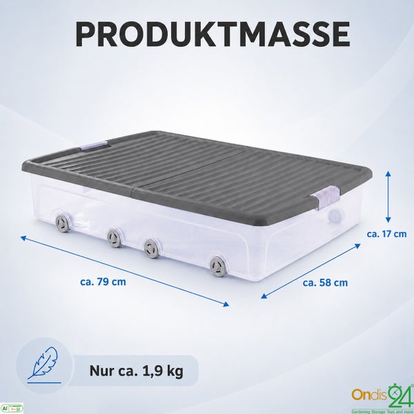 Unterbettkommode mit Rollen, Maße circa 79 mal 58 mal 17 Zentimeter, Gewicht circa 1,9 Kilogramm, Ondis24 Logo.