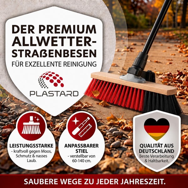 Plastard Premium Allwetter Straßenbesen mit verstellbarem Stiel von 60 bis 140 Zentimeter für die kraftvolle Reinigung von Wegen.