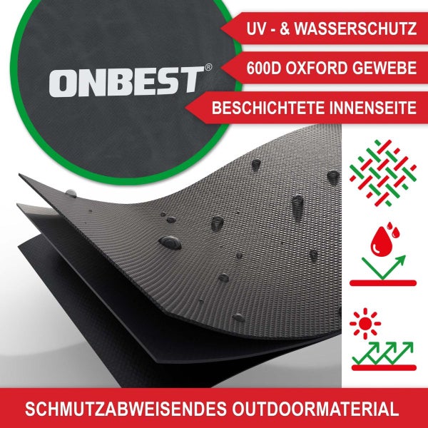 Onbest Logo, 600 Denier Oxford Gewebe mit Ultraviolett- und Wasserschutz, beschichteter Innenseite und schmutzabweisendem Outdoormaterial.