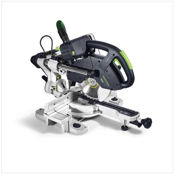 Festool Kapp-Zugsäge Kapex KS 60 E mit Kreissägeblatt und Anschluss für die Staubabsaugung.