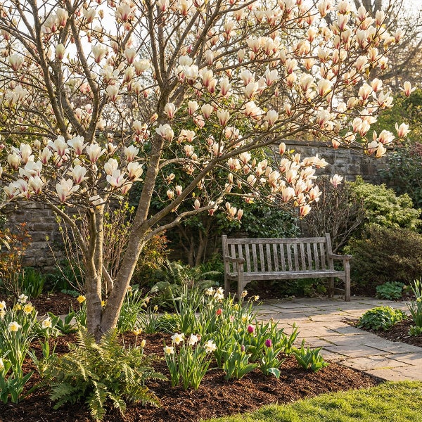 Blühende Magnolie in einem hellen Frühlingsgarten mit einer Gartenbank aus Holz, Narzissen, Tulpen und einem gepflasterten Steinweg.