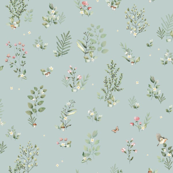 Vliestapete mit floralen Motiven, Vögeln und Pilzen im Aquarell-Stil.