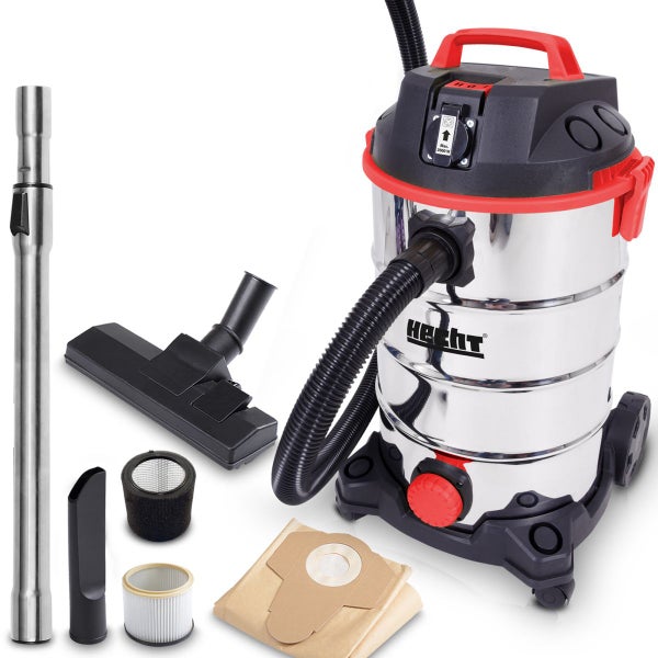 Hecht Nass-Trockensauger aus Edelstahl mit Zubehör: Saugschlauch, Saugrohr, Bodendüse, Fugendüse, Filter und Staubbeutel.