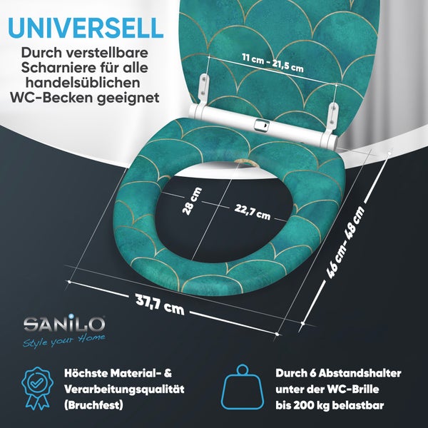 Sanilo WC Sitz mit Fischschuppen Muster inklusive Maßangaben, verstellbaren Scharnieren und Belastbarkeit bis 200 Kilogramm.