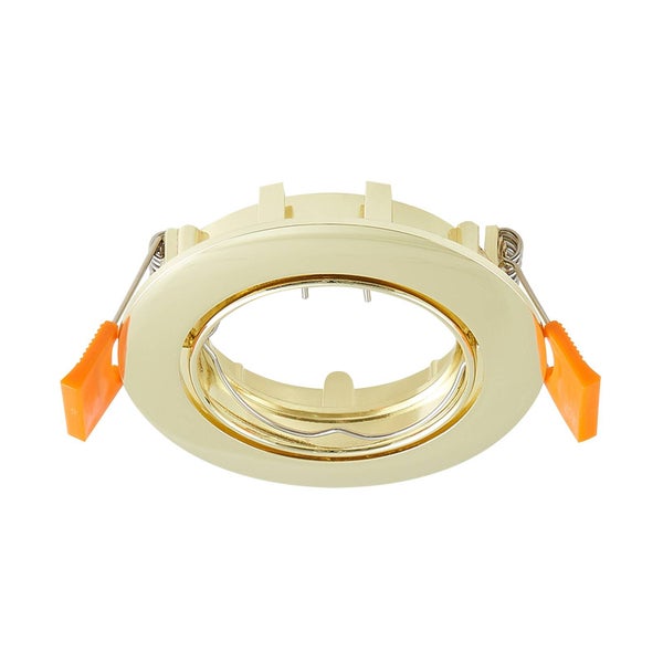 Goldfarbener Einbaustrahler-Rahmen aus Metall mit orangefarbenen Befestigungsklammern für die Deckenmontage.