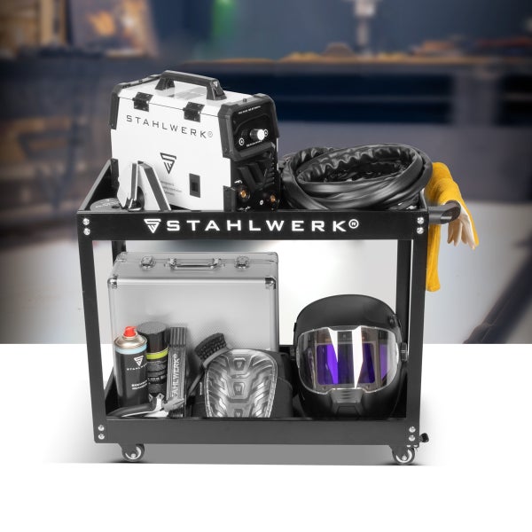 Schweißwagen mit Schweißgerät, Schweißhelm und Zubehör