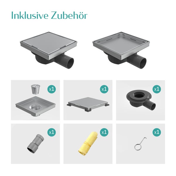Bodenablauf-Set mit inklusivem Zubehör bestehend aus quadratischem Edelstahl-Ablauf, Siphon, Haarsieb, Verbindungsstück, Dichtband und Hebehaken.