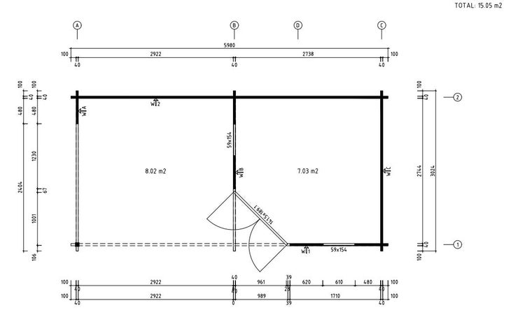 Technischer Grundriss eines Gartenhauses mit zwei Räumen, einer Gesamtfläche von 15,05 Quadratmetern sowie detaillierten Maßangaben und Wandverlauf.