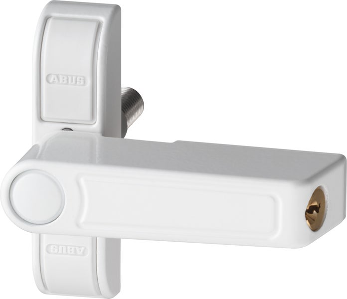 ABUS Fensterzusatzsicherung mit abschließbarem Griff und Zylinderschloss in Weiß.