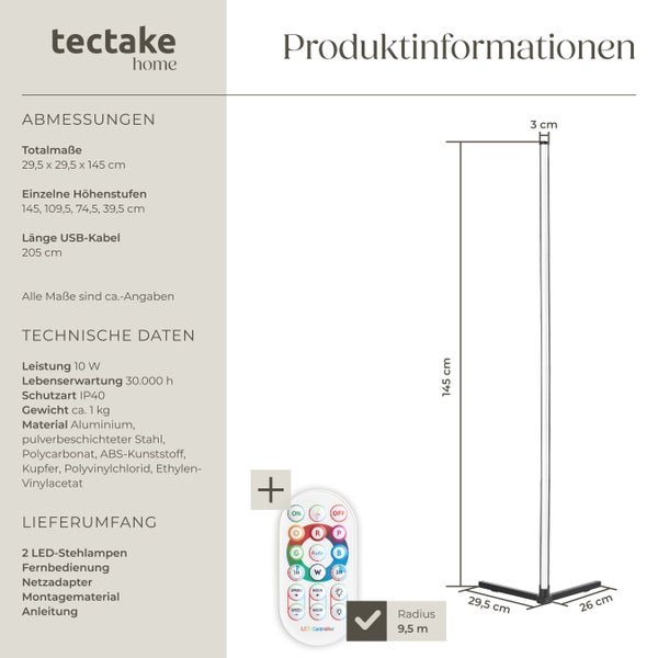 Produktinformationen zu zwei LED Stehlampen mit Fernbedienung, Netzadapter und Montageanleitung. Technische Daten: 10 Watt Leistung, Schutzart IP40. Materialien: Aluminium, pulverbeschichteter Stahl, Polycarbonat, ABS-Kunststoff, Kupfer, Polyvinylchlorid, Ethylen-Vinylacetat.