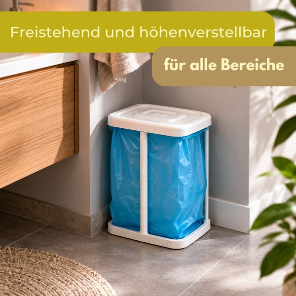 Freistehender, höhenverstellbarer Müllsackständer mit weißem Rahmen und Deckel in einem Badezimmer neben einem Holzunterschrank.