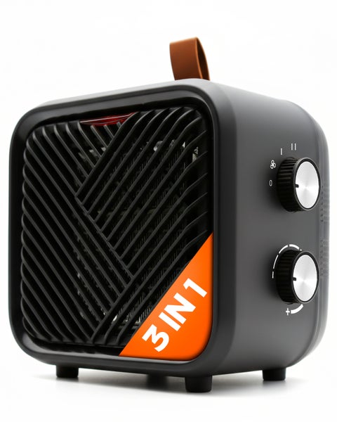 Kompakter 3-in-1 Keramik-Heizlüfter mit Tragegriff und zwei seitlichen Drehreglern für Heizstufen und Thermostat.