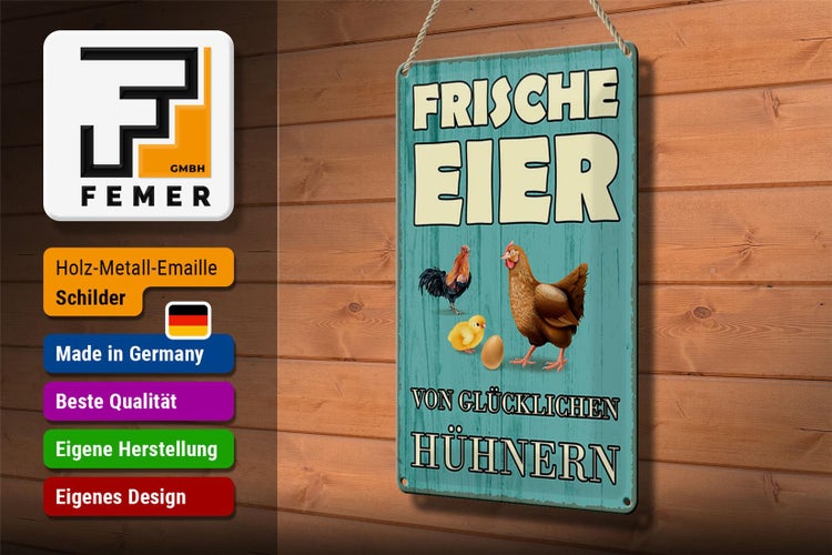 Blechschild Spruch 20x30cm frische Eier glückliche Hühner