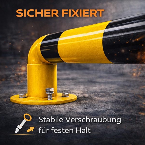 Gelb-schwarz gestreifter Rammschutzbügel mit stabiler Verschraubung am Boden für sicheren Halt.