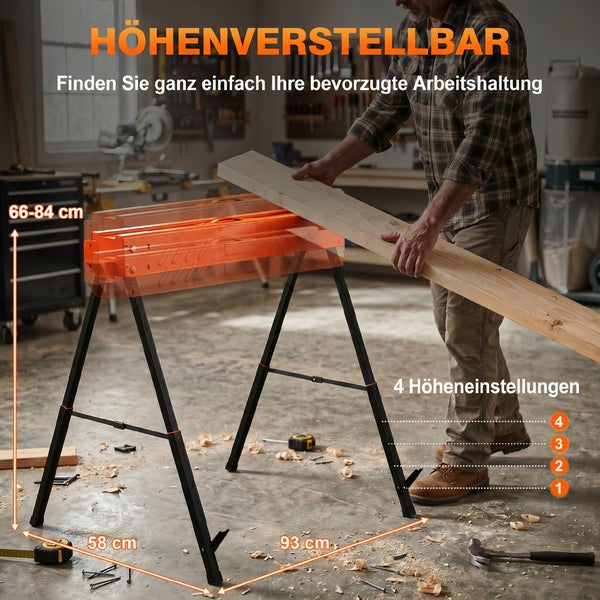 Höhenverstellbarer Arbeitsbock aus Metall mit vier Höheneinstellungen zwischen 66 und 84 Zentimetern für ergonomisches Arbeiten in der Werkstatt.
