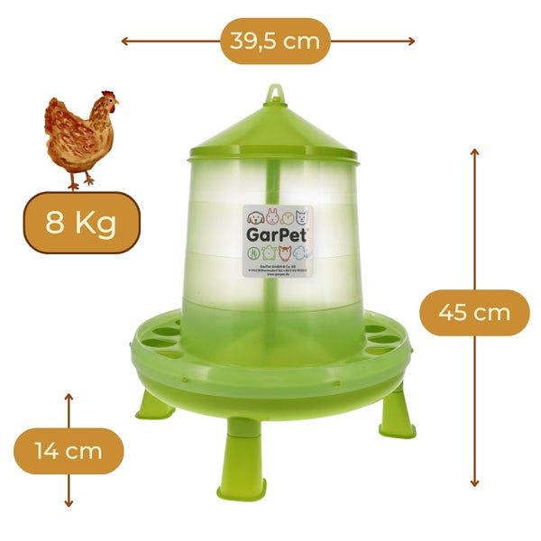Geflügel-Futterautomat mit GarPet Logo für Hühner, 8 Kilogramm. Durchmesser 39,5 Zentimeter, Höhe 45 Zentimeter, Fußhöhe 14 Zentimeter.