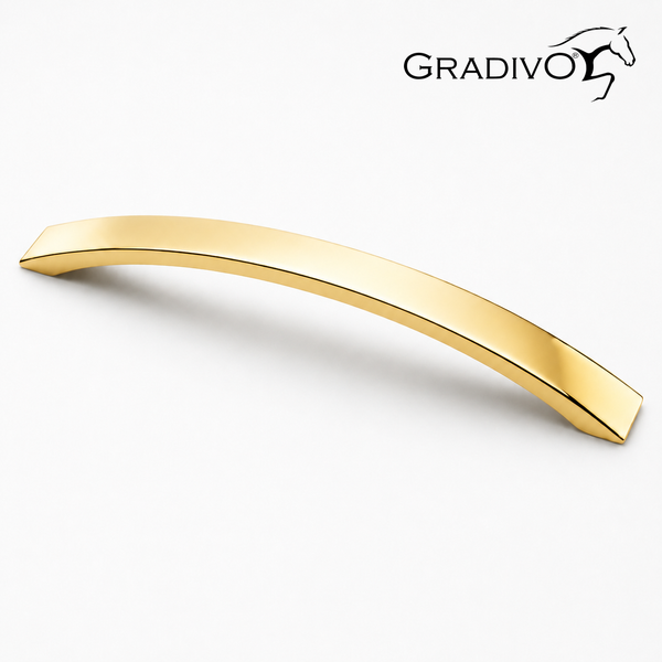 Bogengriff Gradivo aus Metall in Goldoptik für Möbel und Gradivo Logo.
