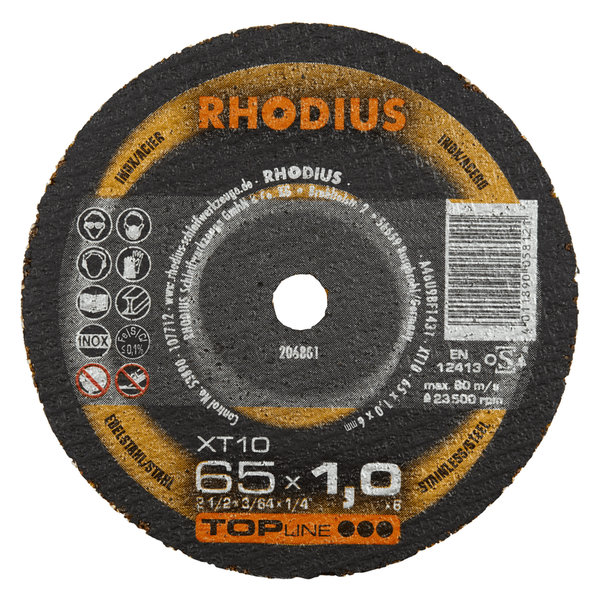 RHODIUS Mini Trennscheibe XT10 MINI, 50 Stück, 75 x 1,0 x 10,00 mm für Edelstahl, Stahl, Metall, TOPline