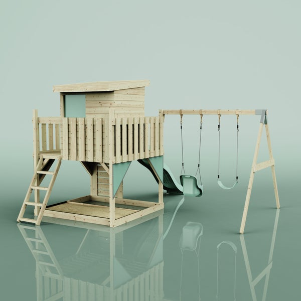 Draufsicht eines Spielturms aus Holz mit Rutsche, zwei Schaukeln und einer überdachten Plattform.