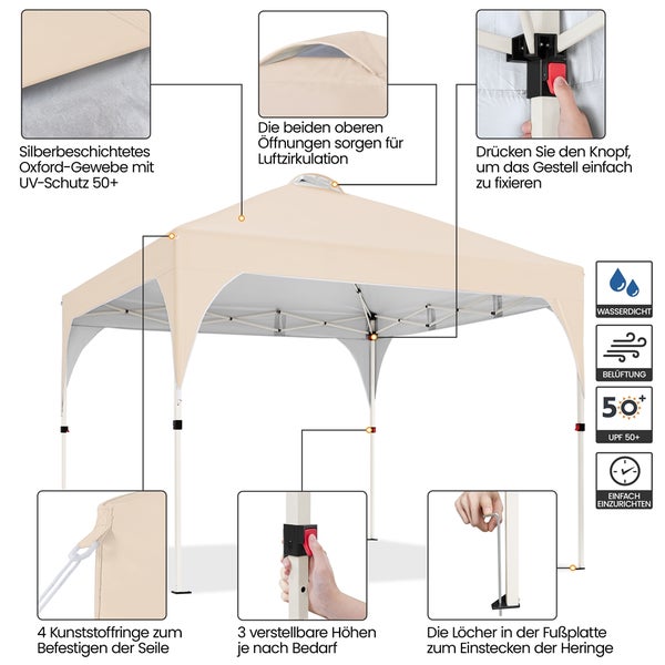 Beiges Faltpavillon mit wasserdichtem Dach, Belüftung, UV-Schutz 50+, einfacher Aufbau und verstellbarer Höhe.