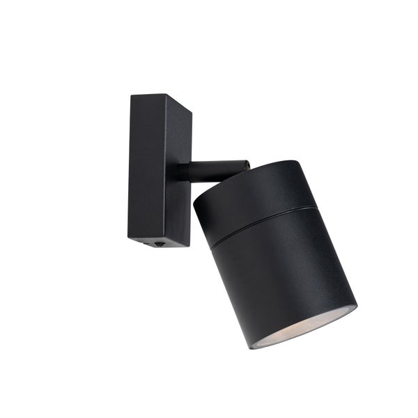 Schwarzer Wandstrahler aus Metall mit verstellbarem, zylindrischem Kopf und rechteckiger Wandhalterung.