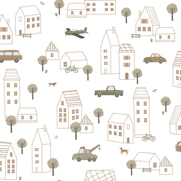 Nahtloses Muster mit Häusern, Fahrzeugen, Bäumen und Tieren