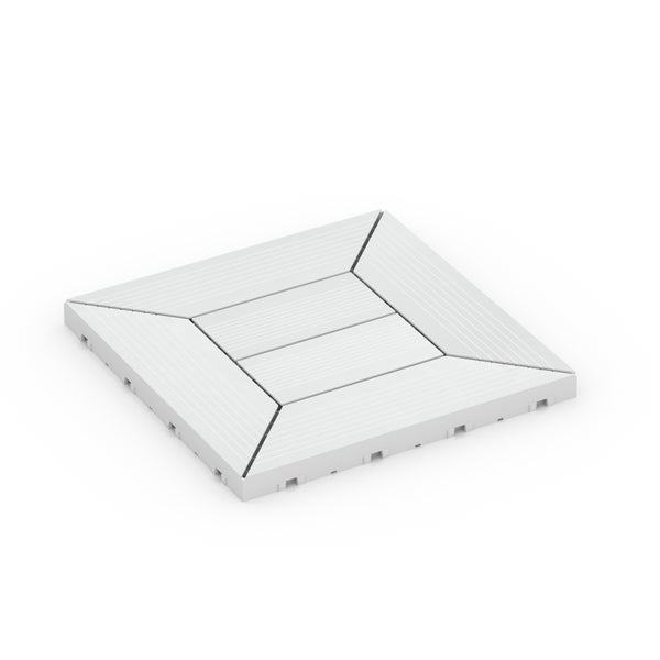 Quadratische Terrassenfliese mit geriffelter Oberfläche und integriertem Klicksystem.