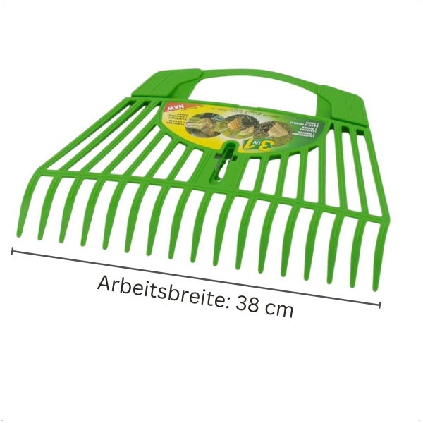 Drei in eins Laubgreifer und Laubrechen mit 38 Zentimeter Arbeitsbreite aus Kunststoff für die Gartenarbeit.
