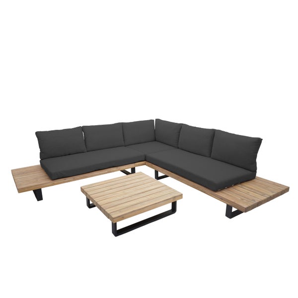 Lounge-Set aus Holz und Metall mit grauem Ecksofa und Couchtisch inklusive Polsterauflagen.