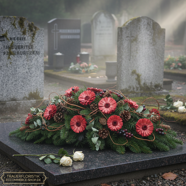 Grabgesteck mit roten Gerbera, Tannenzweigen und Zapfen auf einem Grabstein auf einem Friedhof.