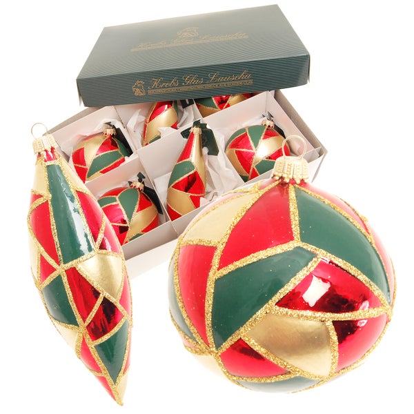 Glaskugelset Harlequin, 6-teilig, rot/grün/gold, 4 Kugeln 8cm, 2 Oliven 15cm, 6 Stck., Weihnachtsbaumkugeln, Christbaumschmuck, Weihnachtsbaumanhänger