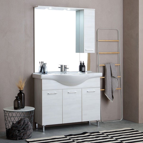 Badezimmermöbel Set mit Waschtisch, Waschbecken und Spiegelschrank in modernem Design für eine organisierte und helle Badezimmer Einrichtung.