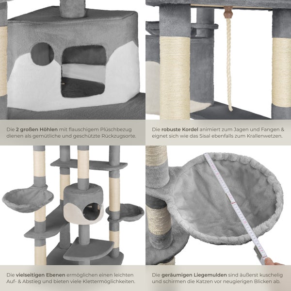 Detailansichten eines Katzenkratzbaums mit Plüschbezug, Sisalstämmen, Höhlen und Liegeflächen