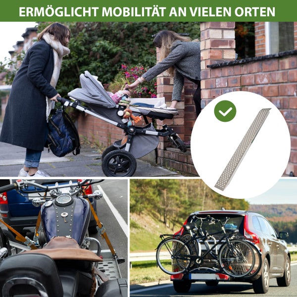Das Bild zeigt verschiedene Szenen, die Mobilität mit einer Rampe für Rollstühle oder Kinderwagen, einem Motorradtransport und einem Fahrradträger am Auto ermöglichen.