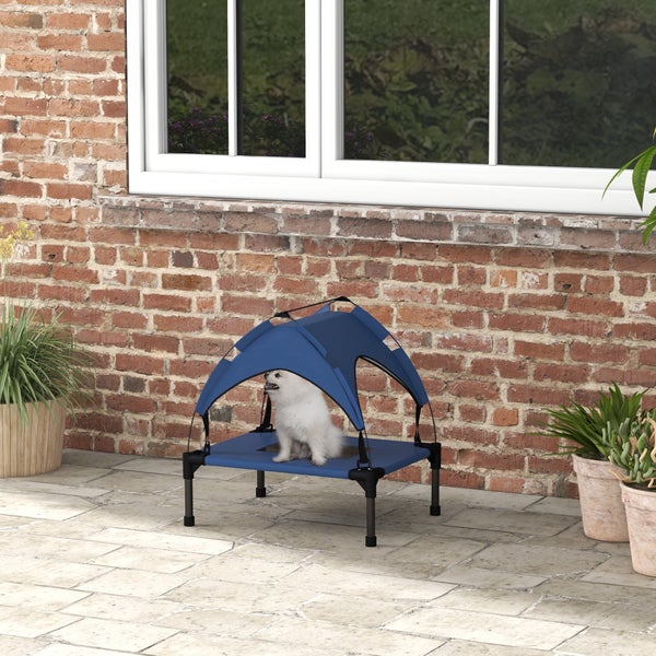 PawHut Erhöhtes Hundebett mit Baldachin, Haustierbett, Outdoor Hundeliege mit Dach, Atmungsaktiv, für Mini- und Kleinhunde Dunkelblau Oxford 61 x 46 x 63 cm